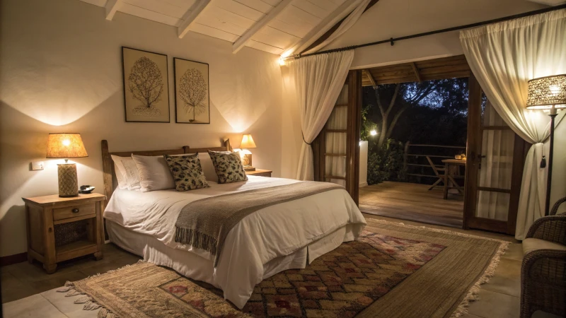 A cozy bedroom with warm lighting and a neatly made bed.