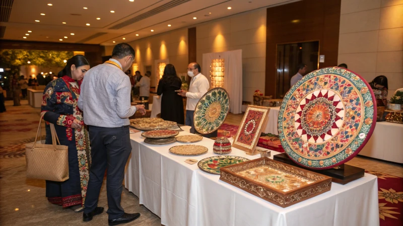 A bustling cultural event with attendees exploring unique crafted items on display.
