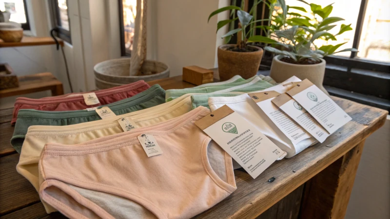 Display of custom organic cotton underwear on a wooden table