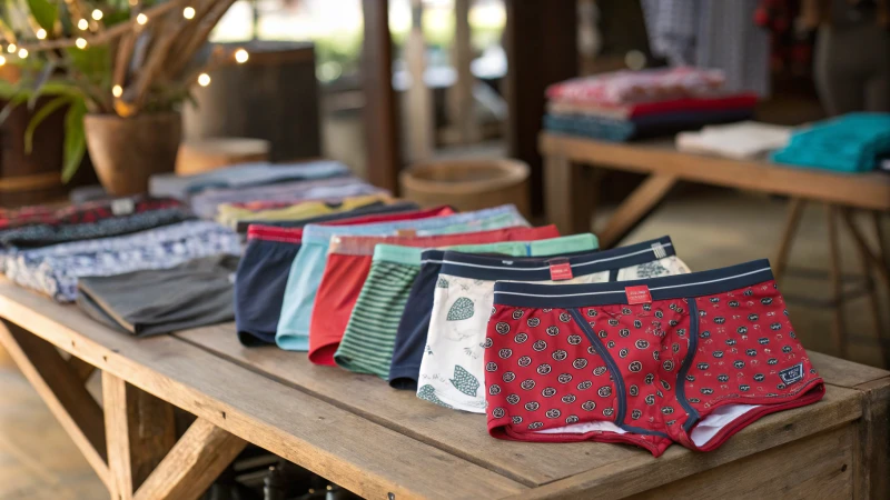 A vibrant display of custom underwear on a rustic wooden table.