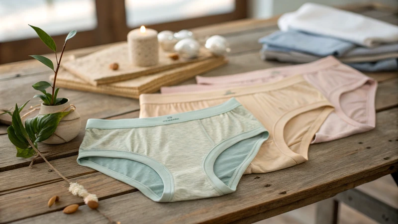 Display of organic cotton and bamboo underwear on a wooden table