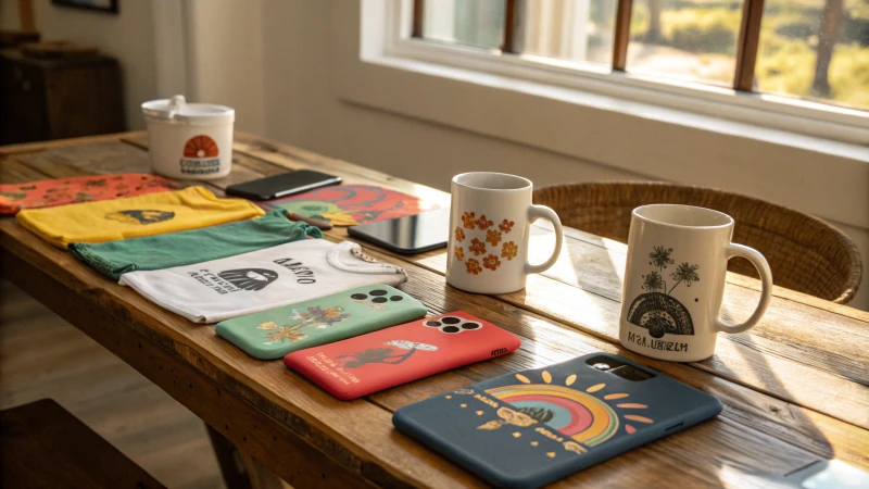 A display of customized mugs, t-shirts, and phone cases on a wooden table.
