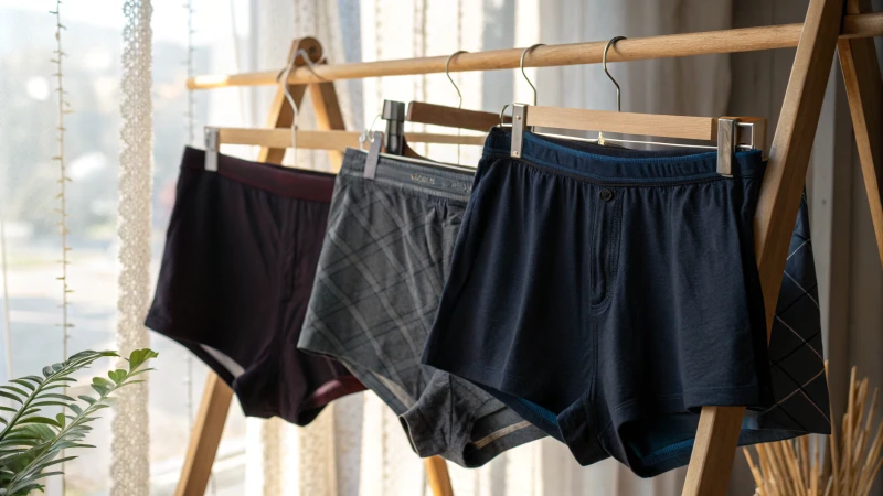 A display of dark-colored underwear on a wooden rack