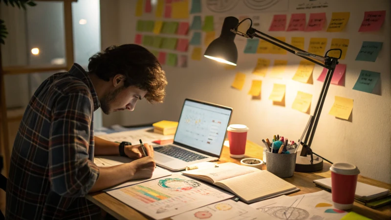 A focused individual working at a cluttered desk with colorful sketches and a laptop.