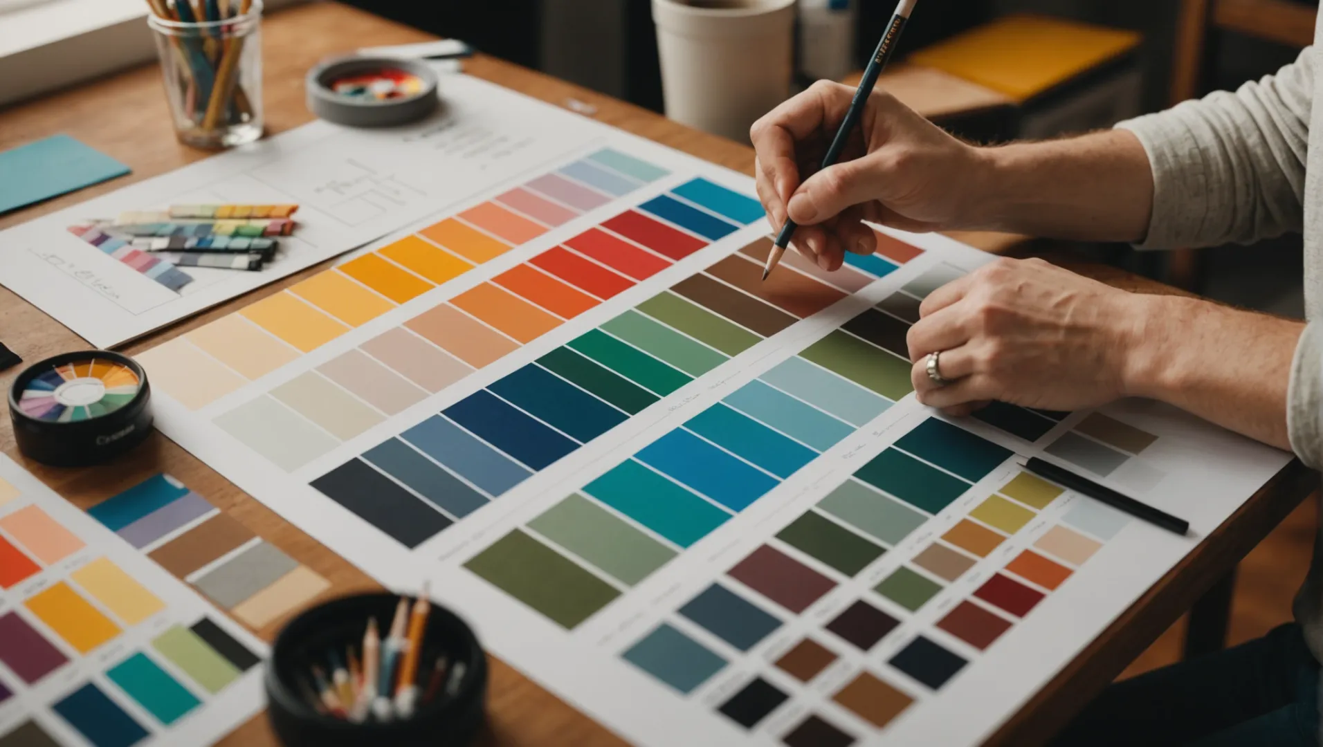 A designer working on a brand identity board with color swatches, logos, and typography samples.