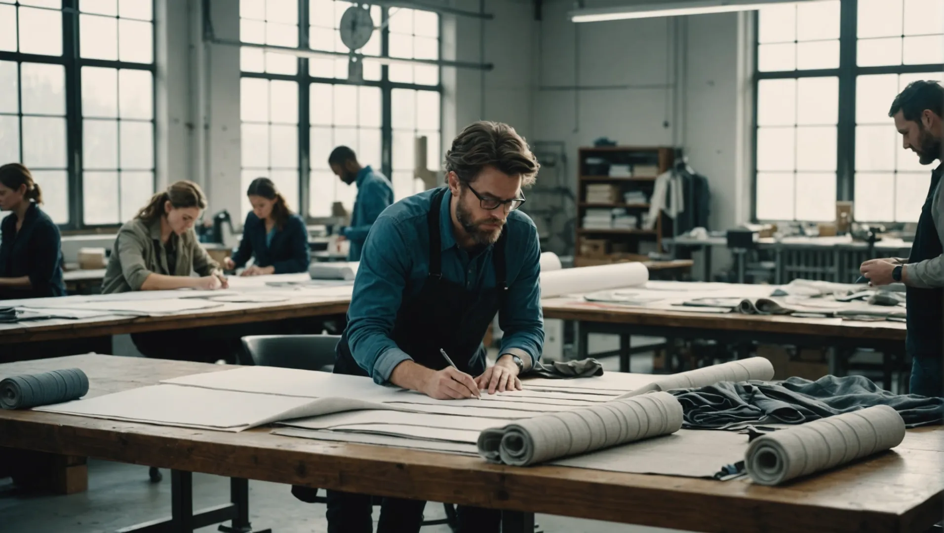 A designer working with a team in a textile factory, examining fabric samples and technical sketches on a table.