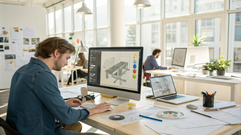A designer working on a 3D model in a bright office