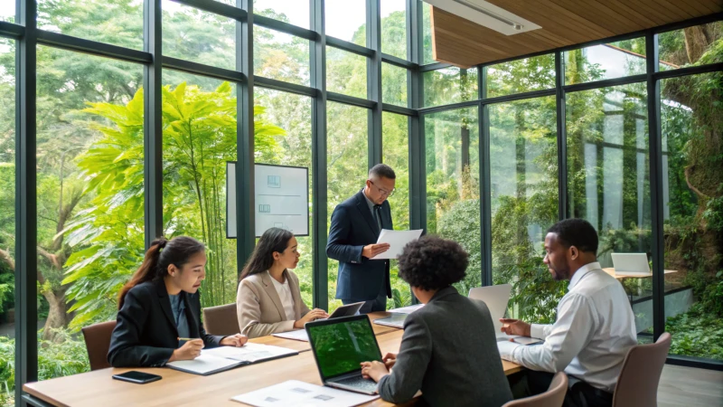 A group of diverse business professionals collaborating in a conference room.