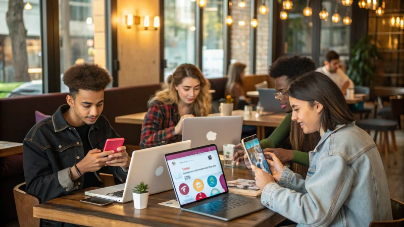 Group of diverse Gen Z individuals in a trendy café using smartphones and laptops.