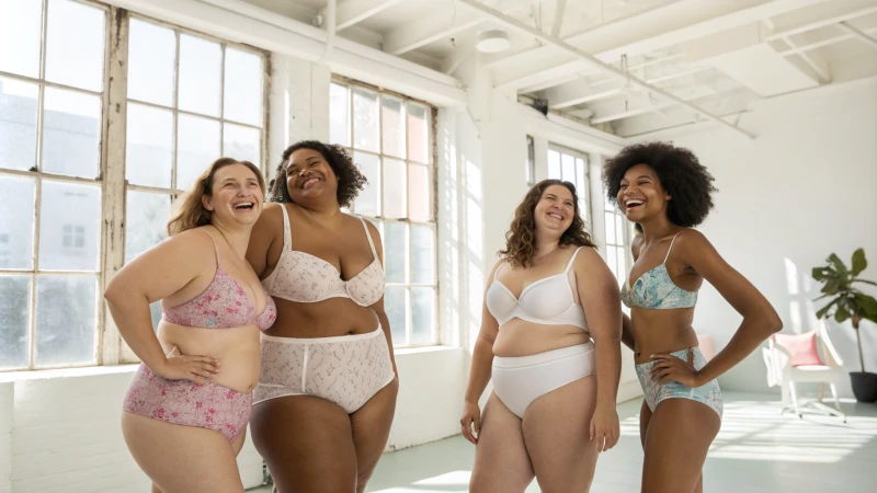 A diverse group of individuals in stylish underwear in a bright studio