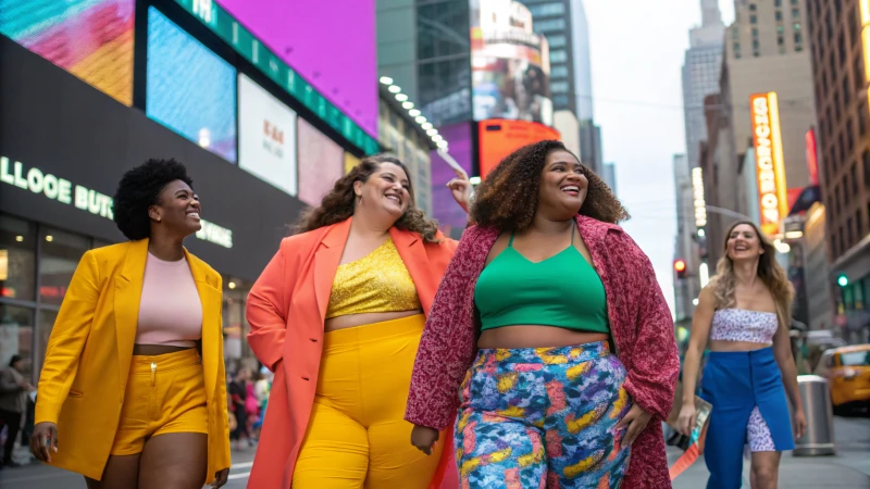 A vibrant photoshoot featuring diverse models in stylish outfits