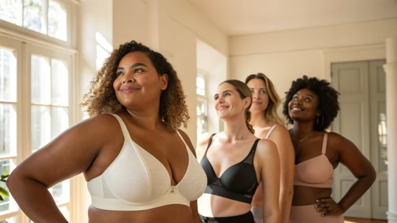 A diverse group of women wearing wireless bras in a bright room.