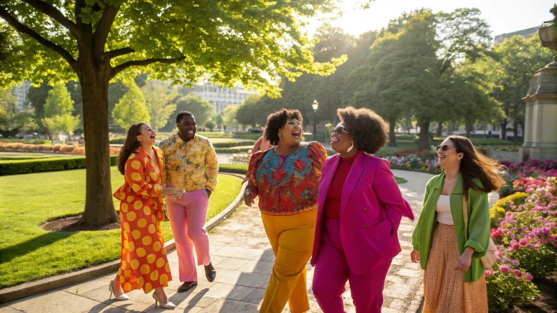 A diverse group of people in a sunny park setting