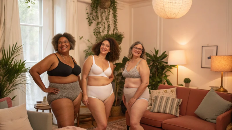 A diverse group of individuals in stylish unisex underwear in a cozy living room.