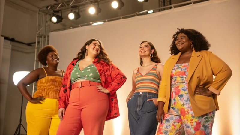 A group of diverse models showcasing inclusive fashion in a bright studio