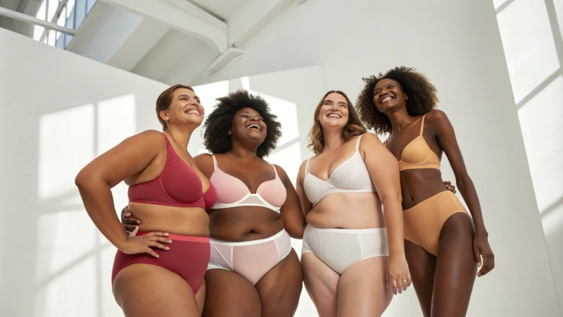A group of diverse models in stylish underwear standing confidently in a studio