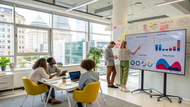 A group of diverse professionals collaborating in a bright office setting.