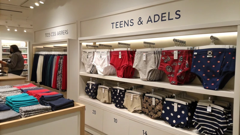 Display of diverse underwear styles organized by age group