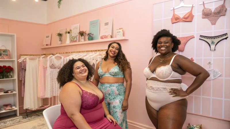 A diverse group of women in stylish lingerie posing in a boutique