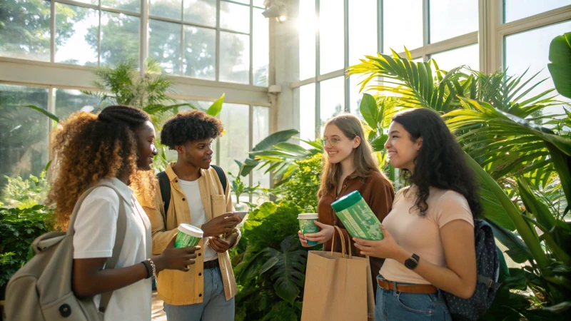 A diverse group of young adults discussing sustainability in a bright space.