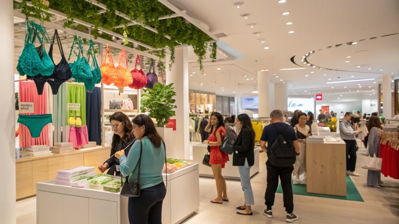 A bustling marketplace showcasing modern eco-friendly underwear products.