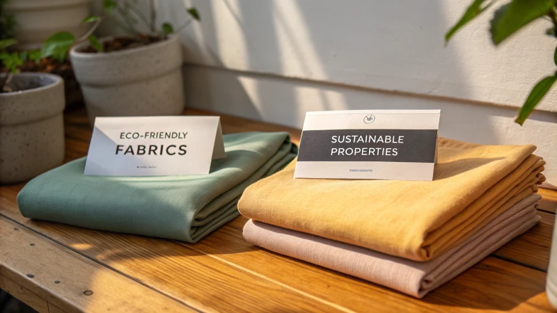 A display of eco-friendly fabrics on a wooden table