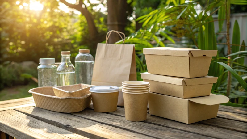 Aesthetic arrangement of eco-friendly packaging on a rustic wooden table