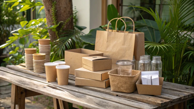 A display of eco-friendly packaging materials on a rustic table