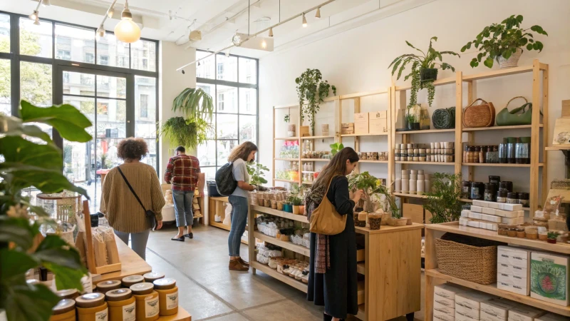 A bright eco-friendly retail store filled with shoppers and plants.