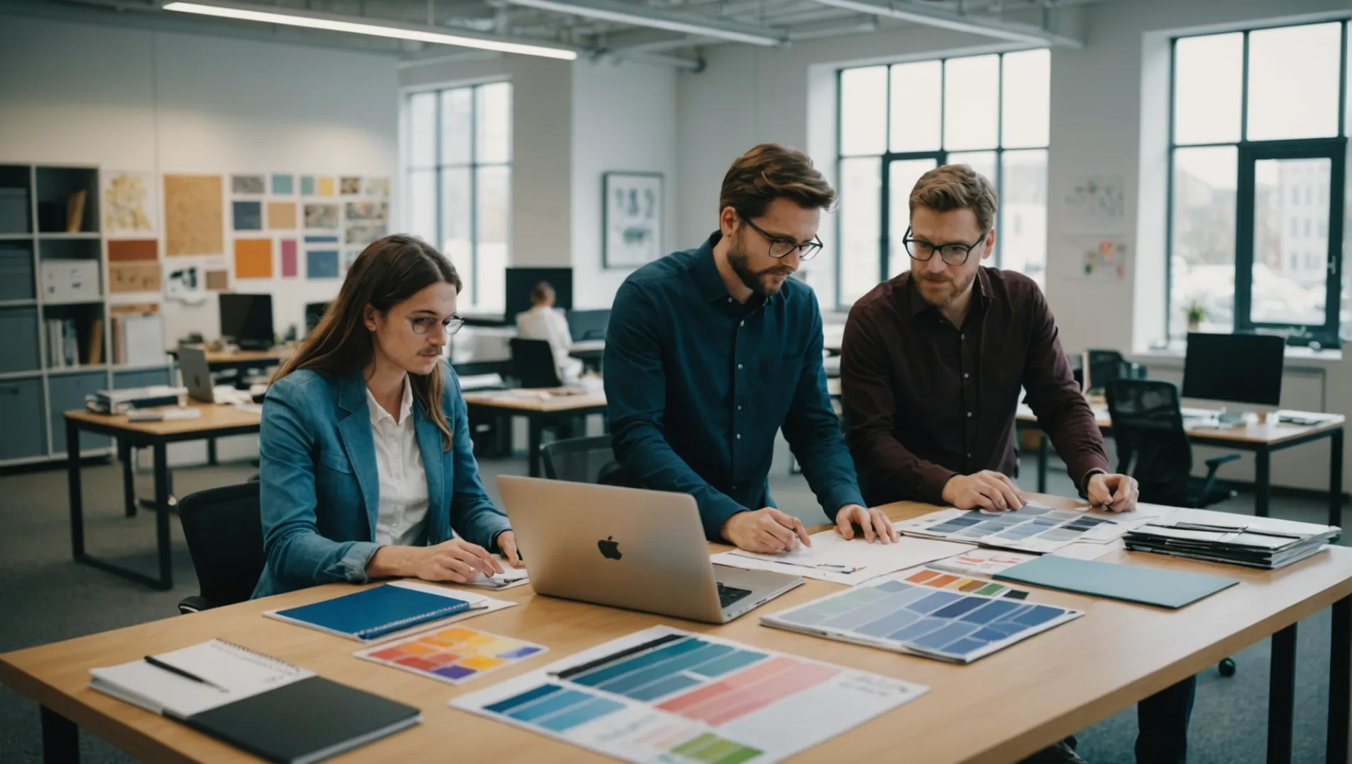 Designer communicating with a manufacturer in a well-lit office