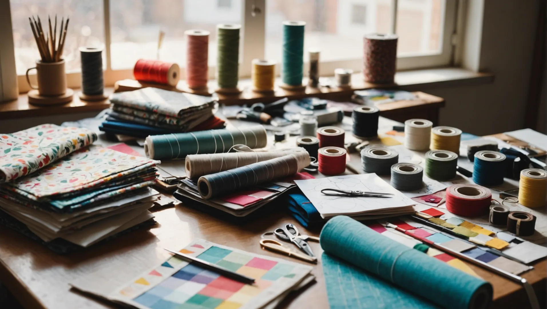 Various fabric samples and tools on a designer's table