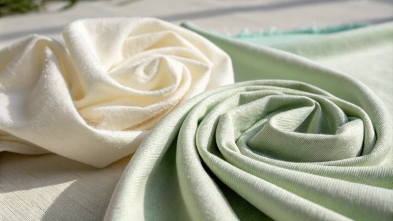 Close-up view of two fabric swatches, one organic cotton and one Tencel.