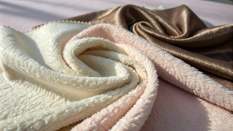 Close-up view of two fabric swatches on pastel background