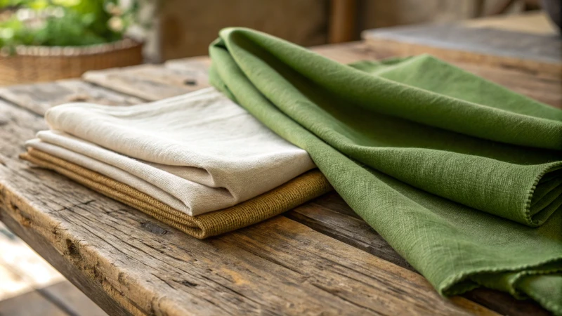 Close-up of fabric swatches on a rustic wooden table