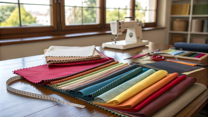 A variety of vibrant fabric swatches on a wooden table in a well-lit workspace.