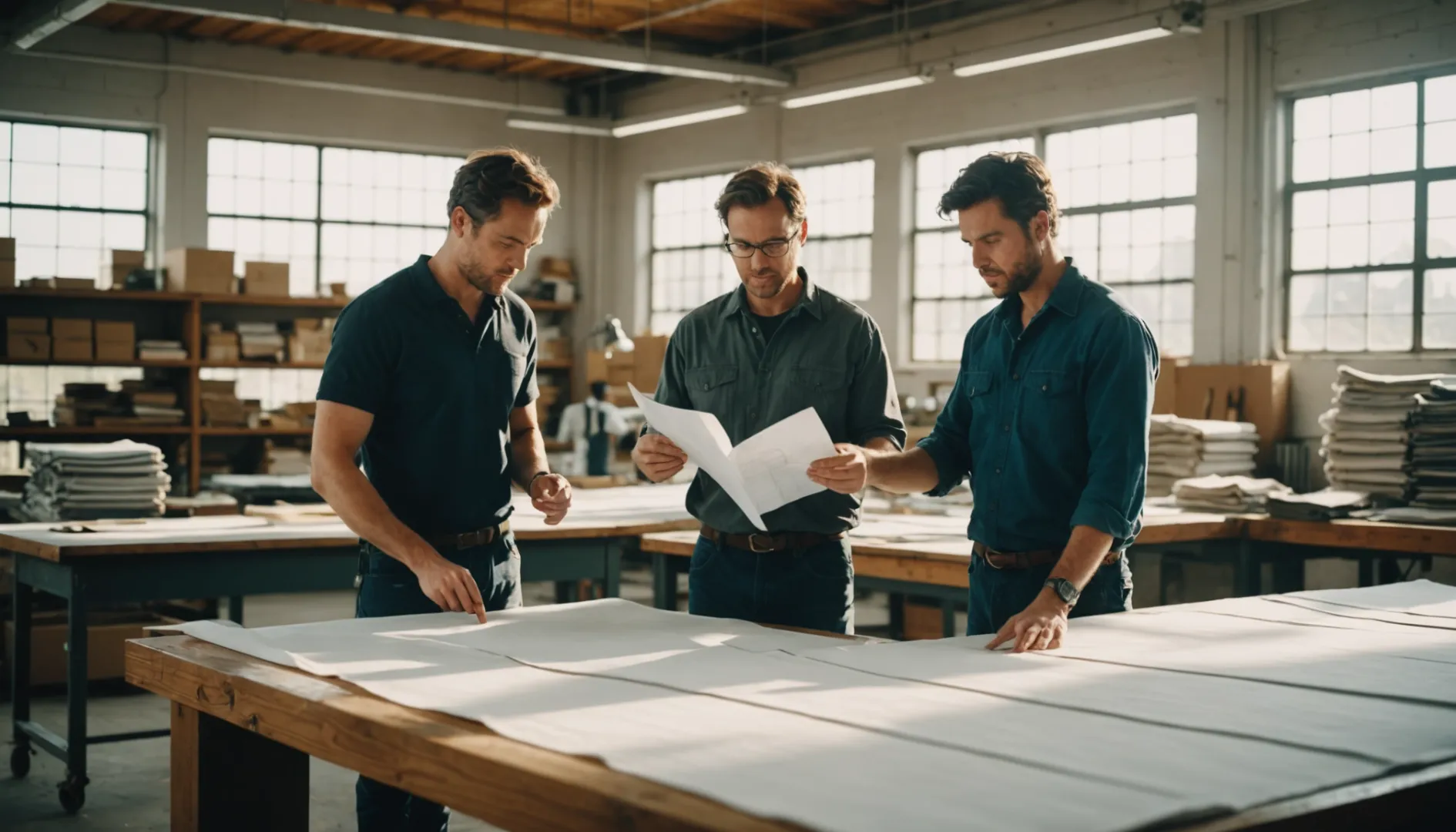 Workers inspecting underwear designs in a well-lit factory room