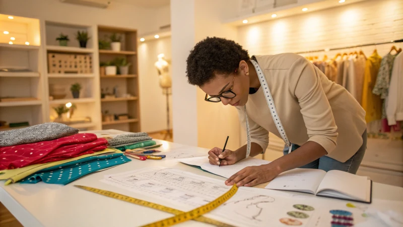 A fashion designer sketching at a workspace with fabric swatches and measuring tape.