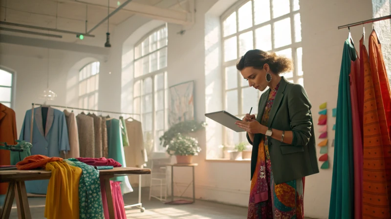 A fashion designer analyzing data in a bright studio