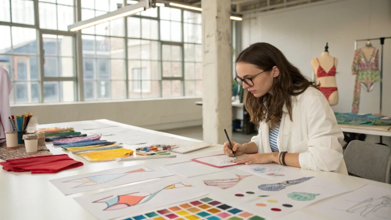 A young female fashion designer in a contemporary studio surrounded by sketches and fabric swatches.