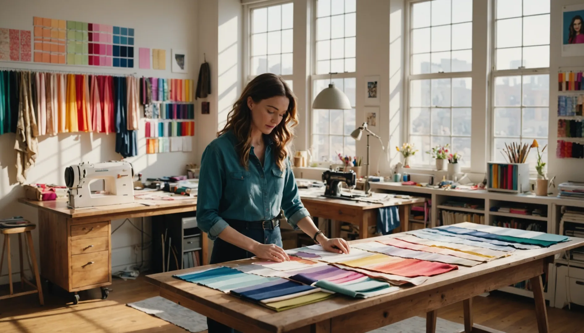 Fashion designer examining fabric in bright studio