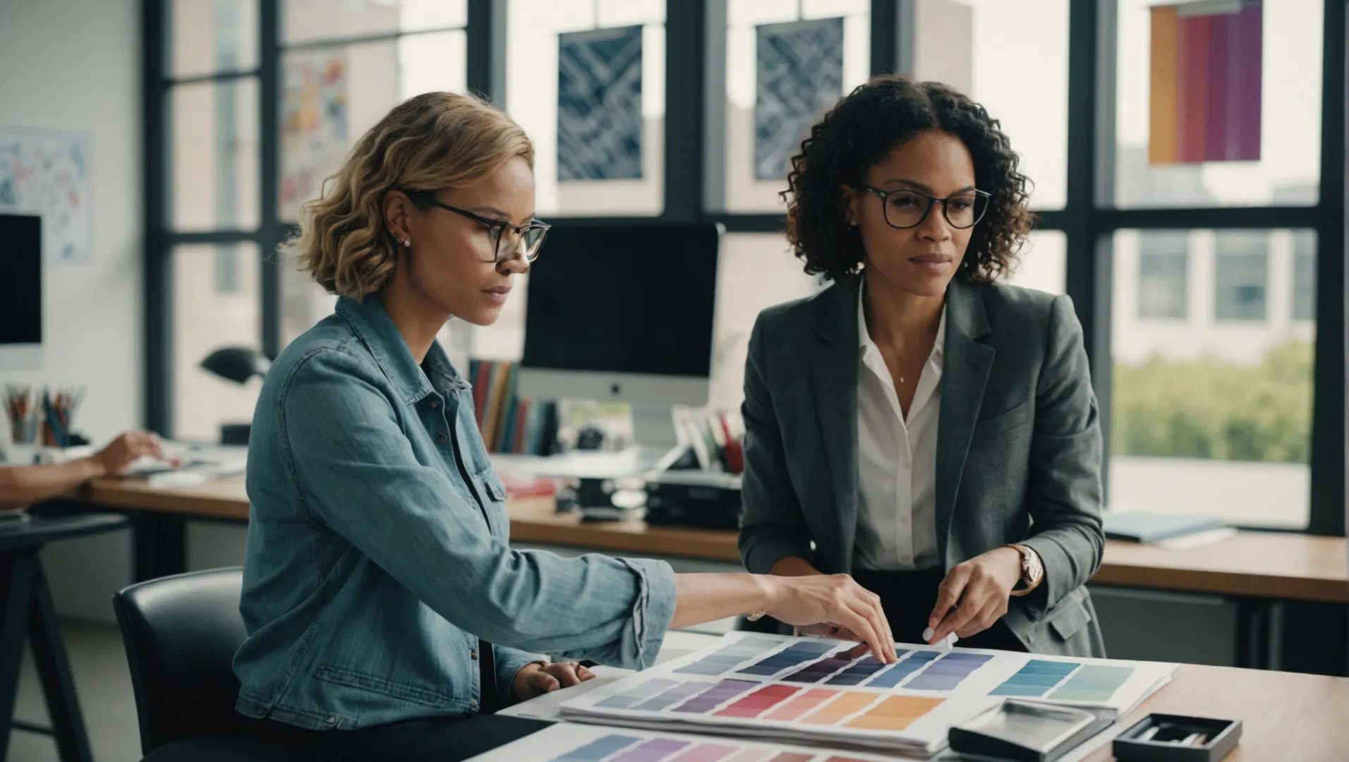 Fashion designer reviewing clothing designs with a manufacturer