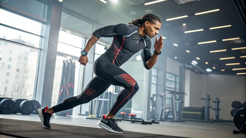 A fit athlete exercising in a modern gym with high-tech equipment.