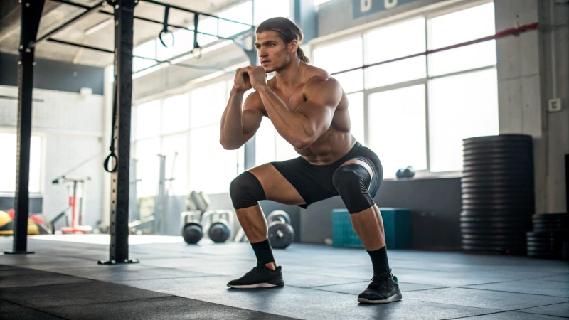 Athlete performing a squat in a gym with weights