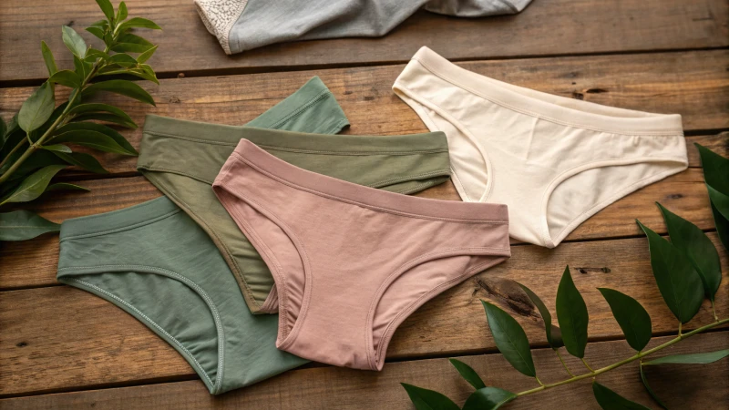 Flat lay of sustainable seamless underwear on a wooden surface with natural elements
