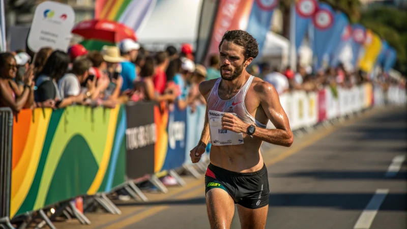 A focused athlete running in a marathon with sweat glistening on their skin