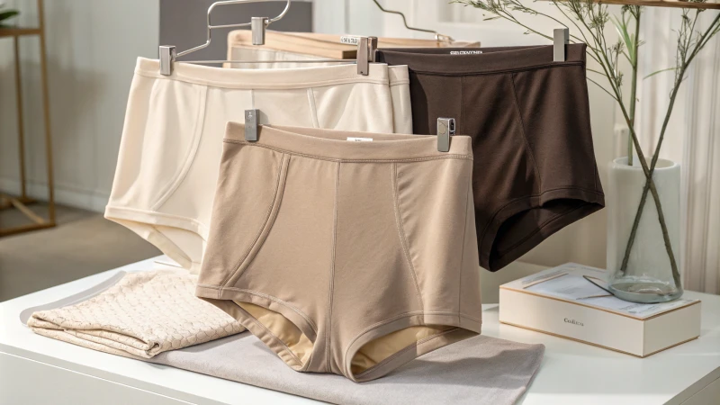 Neatly arranged display of various styles of formal underwear in neutral tones.