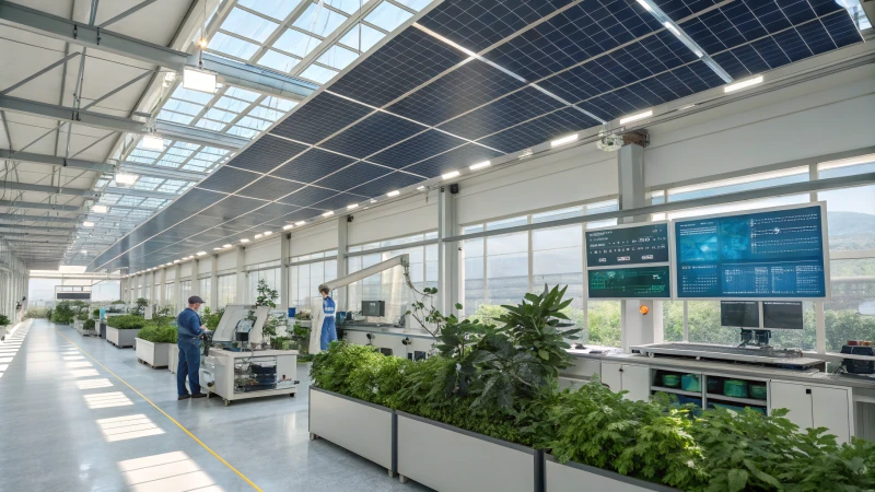 A futuristic factory interior with robots and humans working together