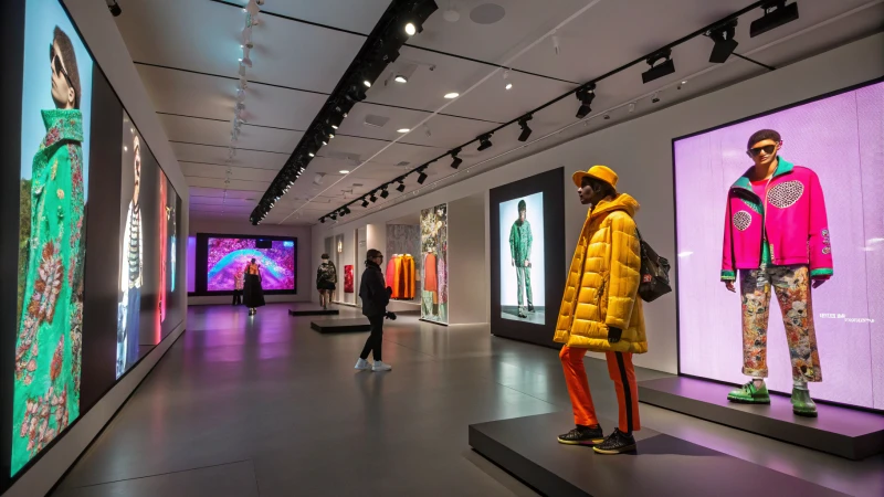 A futuristic gallery displaying fashion NFTs on digital screens.