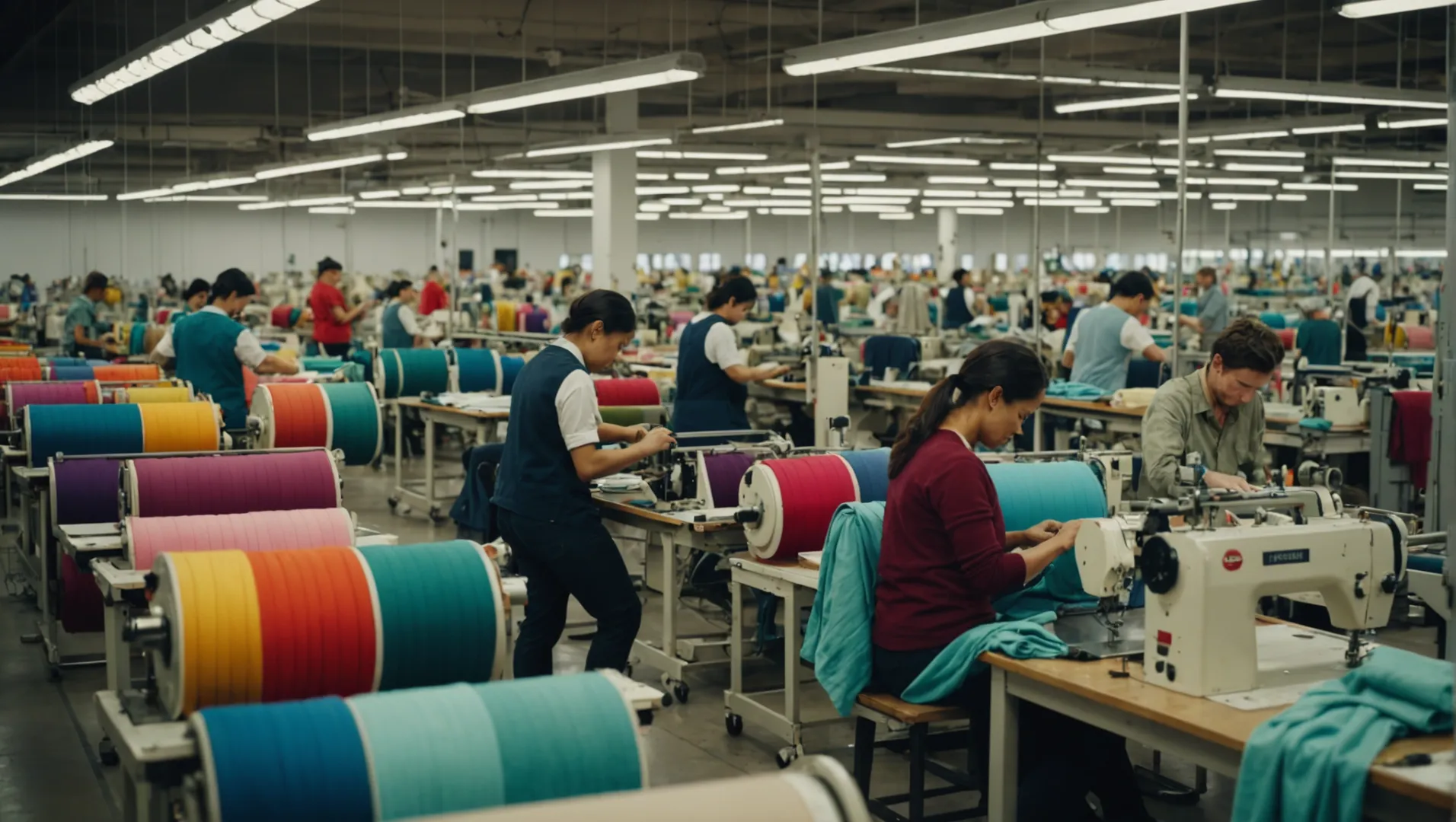 A busy garment manufacturing floor with workers and machines