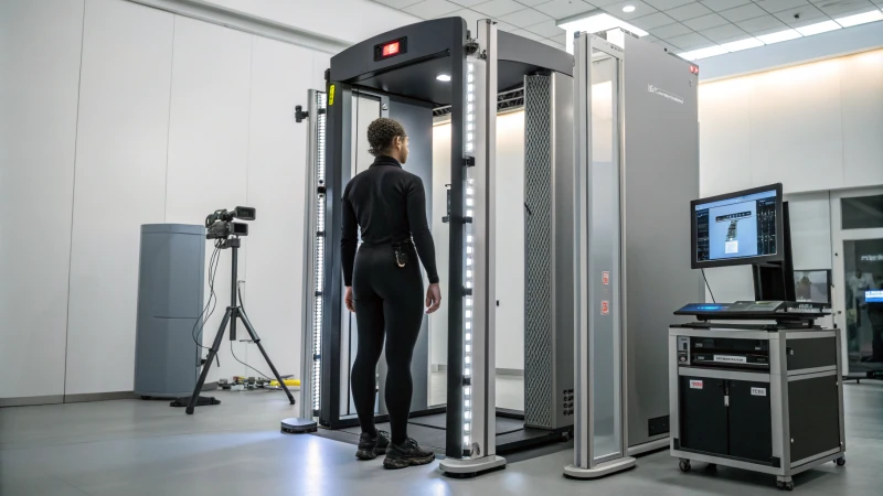 A person inside a modern 3D body scanning booth